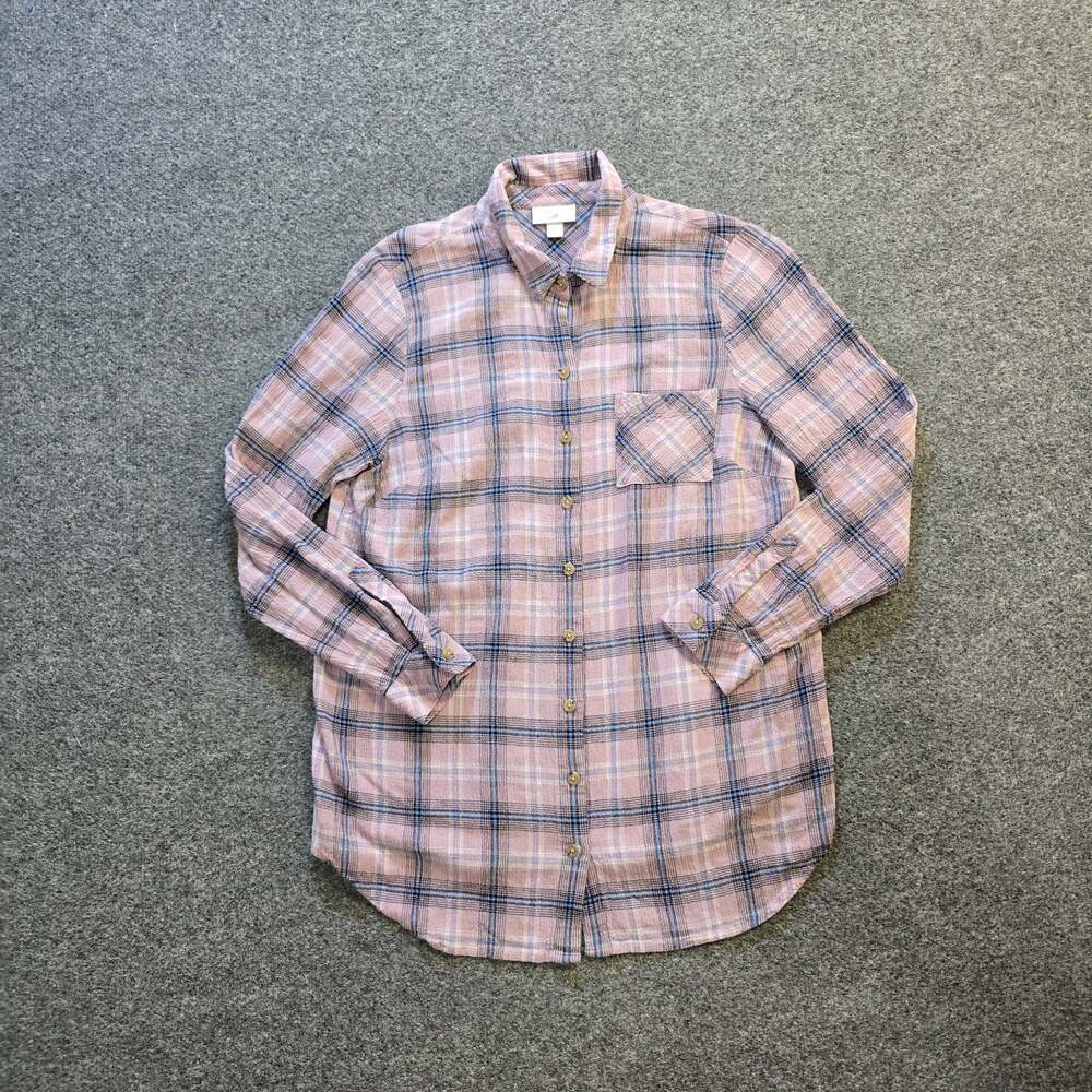 J Jill Top Womens Size Small Pink Plaid Button Textured Gauze Long Sleeve Casual